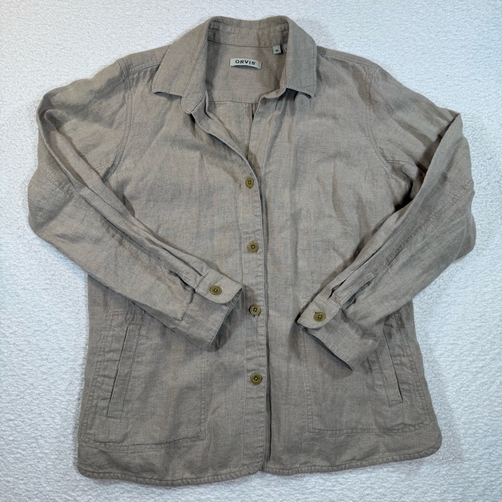 Orvis tan womens button down shirt 100% linen size medium cottagecore oversize
